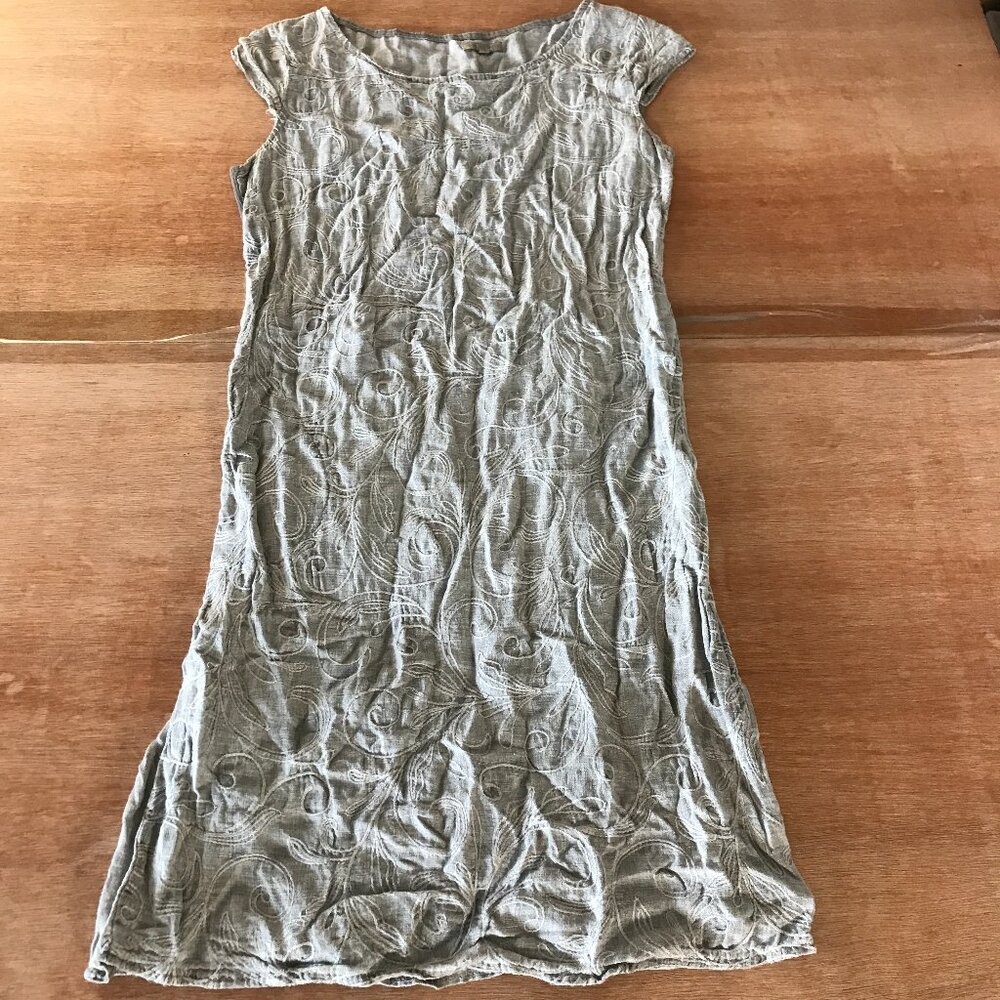 Lina Tomei 100% Linen Midi Dress Women S Gray Floral Pockets Sleeveless Italy